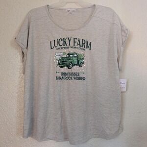 Daisy + Coco Lucky Farm St Patricks Day Embroidered Sequin Top Beige Plus 3X